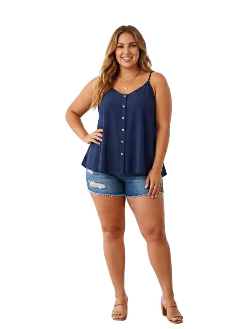 Sweet Wanderer Navy Blue Strappy Flare Button Front Blouse L Sheer Lined Flowy
